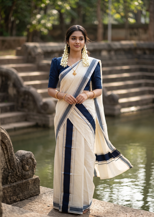 Kerala Cotton Mundum Neriyathum Single (Set Mundu) with Dark Blue and Silver Kasavu Border 2.80 Mtrs SLKK SL498