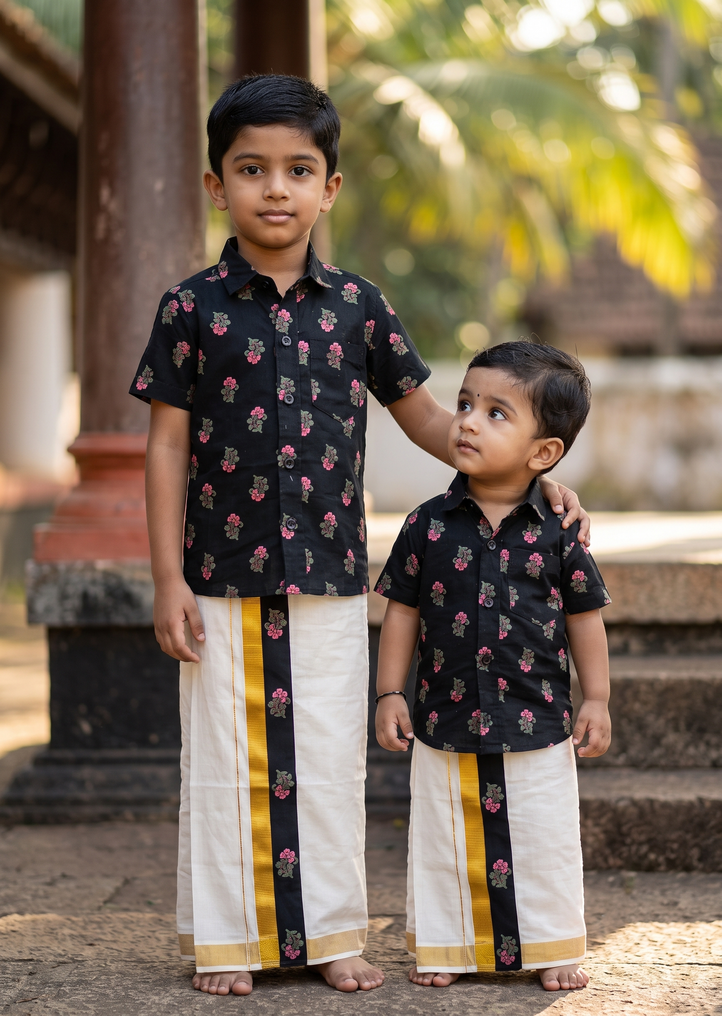 Southloom Cotton Floral Printed Kids's Combo (Shirt + Velcro Mundu) SLKCOMBO
