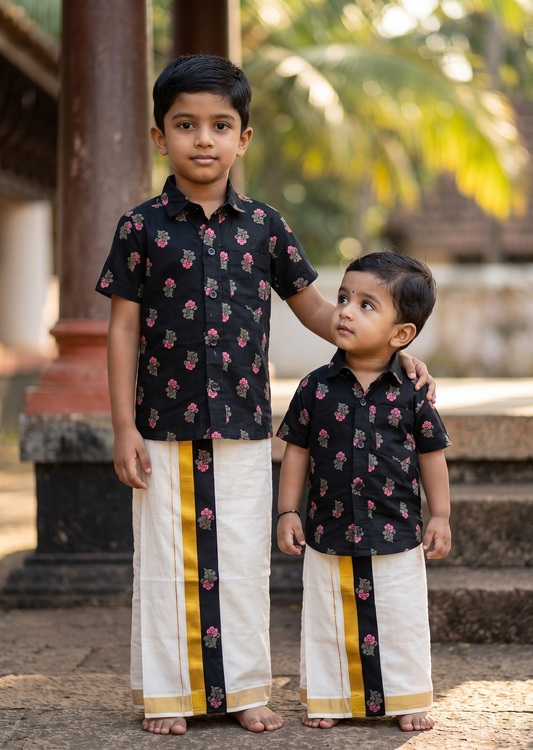 Southloom Cotton Floral Printed Kids's Combo (Shirt + Velcro Mundu) SLKCOMBO