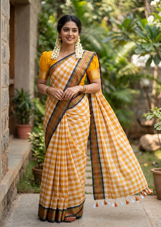 Southloom Mul Cotton 120 x 120 Soft Fabric Saree with Yellow Check Desgin in Body SL215