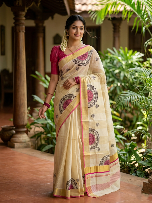 Southloom Tissue Kerala Kasavu Saree with Block Print on Body and Borders in Pink