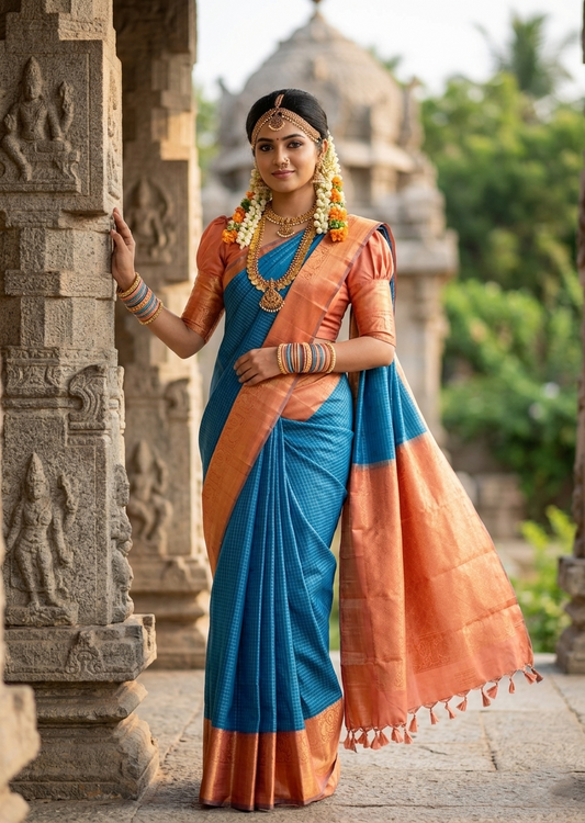 Southloom Pure Handloom Kanchipuram Silk Saree with Korvai Work (Peach & Blue)