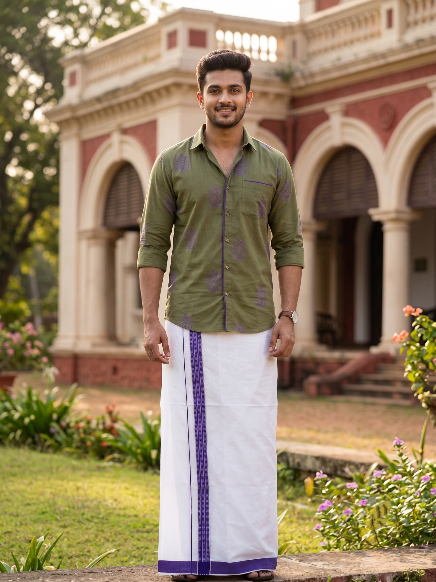 Southloom Pure White Cotton Single Mundu with Silver Line & Violet Border (South Indian Kerala Dhoti)