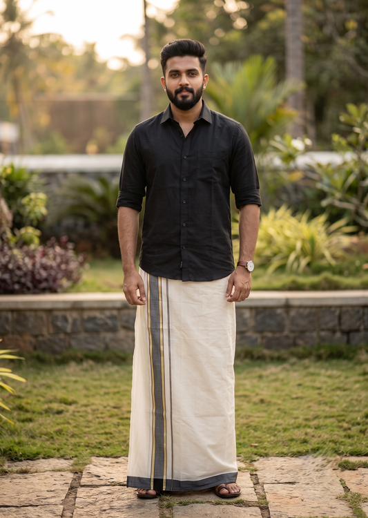 Southloom Pure Cotton Mundu with Gold Lines and Black Border (South Indian Kerala Dhoti)