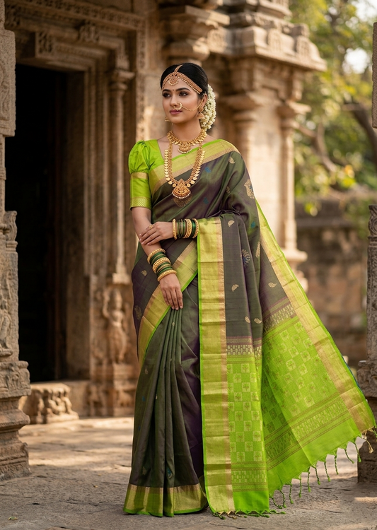 Southloom Pure Handloom Kanchipuram Silk Saree with Korvai Zari Work (Green)