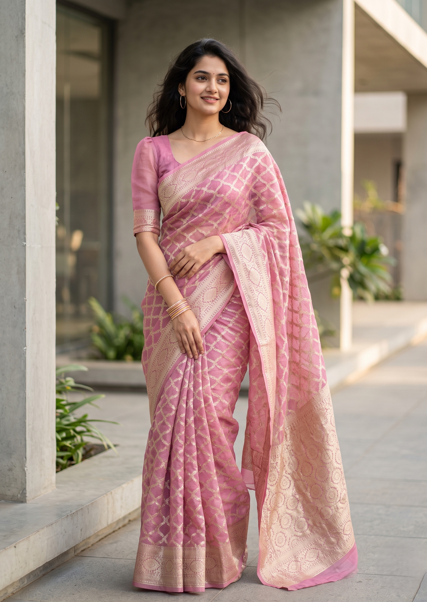 Southloom Cotton Banarasi Silk Saree with Woven Work on Body and Borders (Pink)