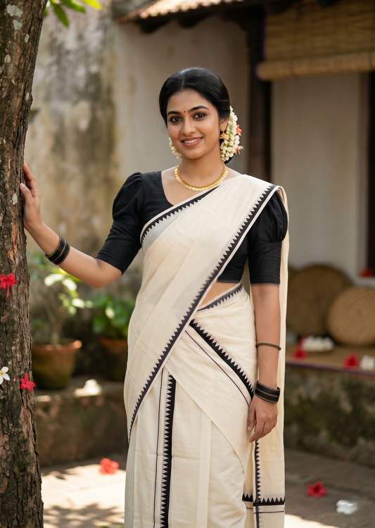 Southloom Pure Cotton Kerala Single Set Mundu (Mundum Neriyathum) with Temple Design in Black 2.80 Mtrs SL360