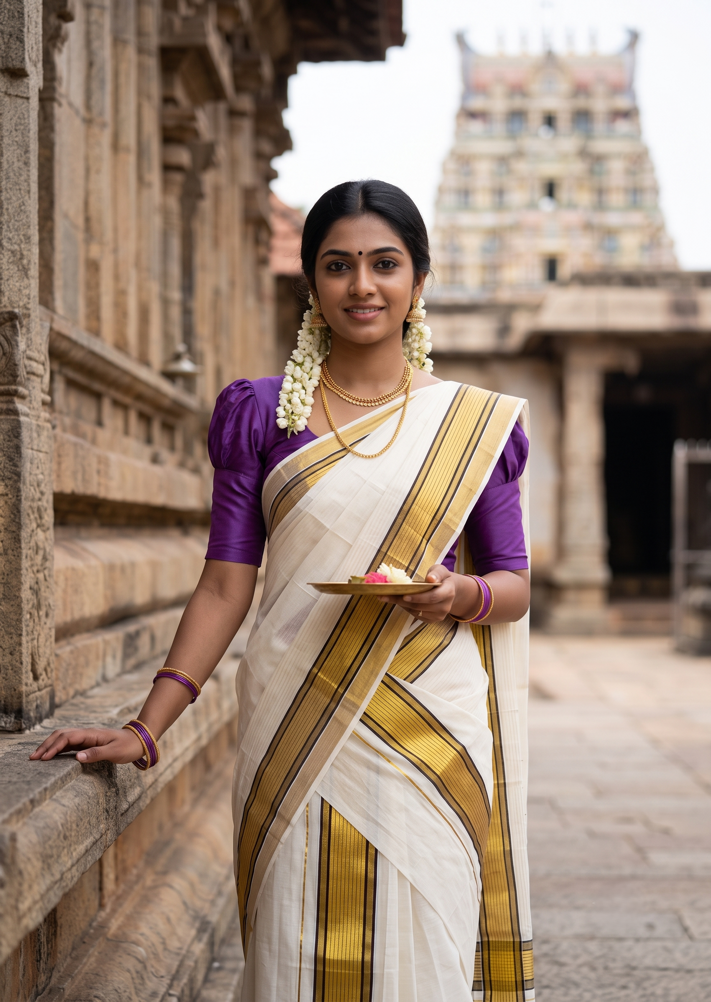 Southloom Pure Cotton Mundum Neriyathum (Set Mundu) with Gold Kasavu Lines Acorss Body & Brown Borders on the Kasavu  2.80 Mtrs SL515