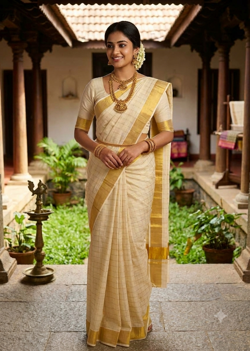 Southloom Kerala Kasavu Cotton Saree with Golden Check and Broad Zari Border