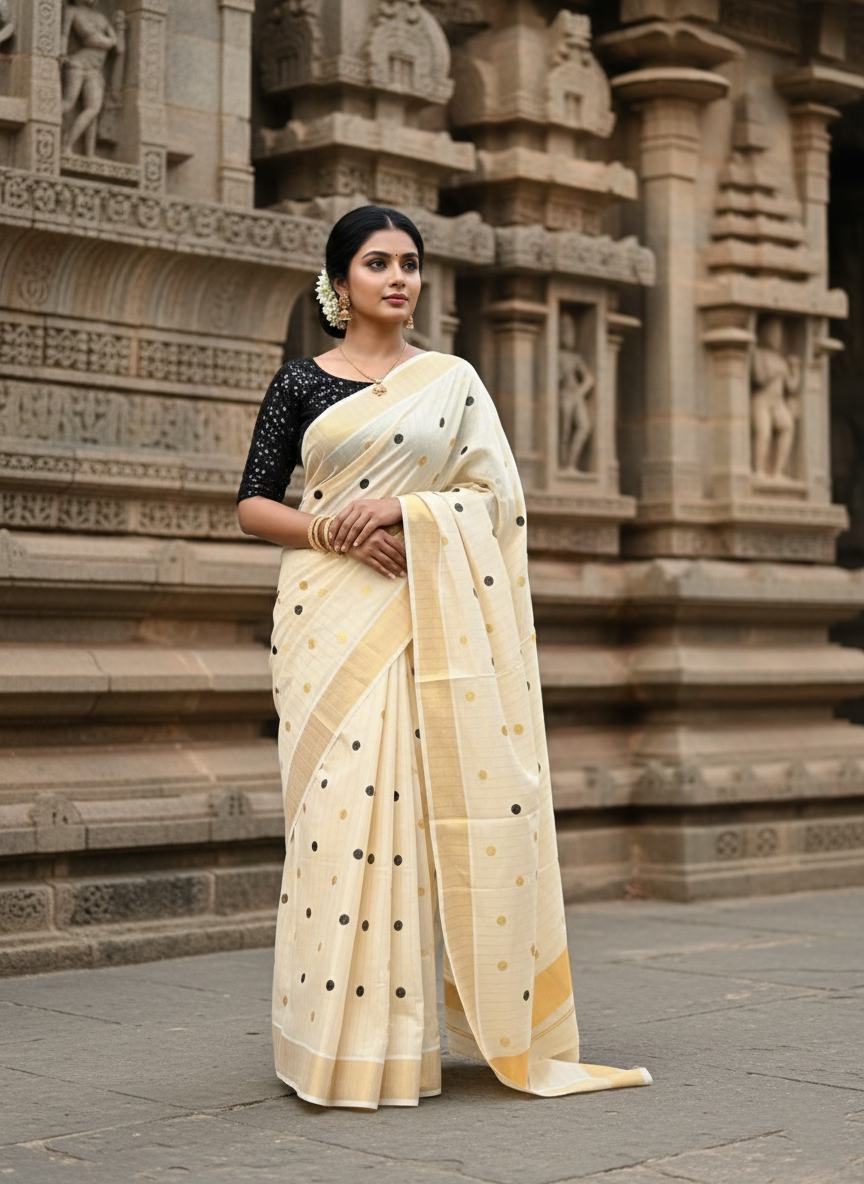 Southloom Kerala Tissue Kasavu Saree with Gold & Black Polka Embroidery Works on Body SL281
