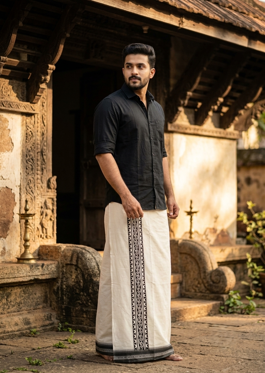 Southloom White Printed Single Mundu / Otta Mundu / Lungi (South Indian Kerala Dhoti)