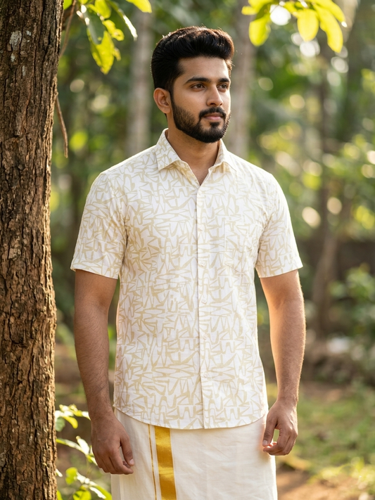 Pure Cotton Off White with Green Printed Shirt SLSHIRT 46 HS