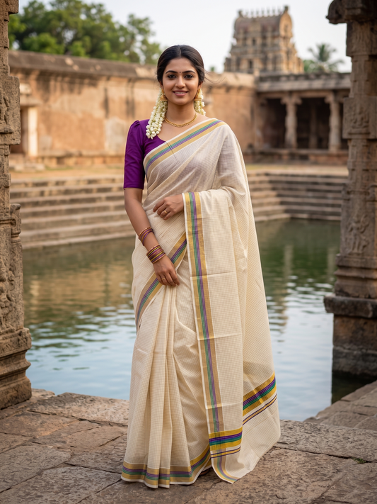 Southloom Kerala Cotton Kasavu Saree with Micro Check Design on Body in Violet & Green Border SL481