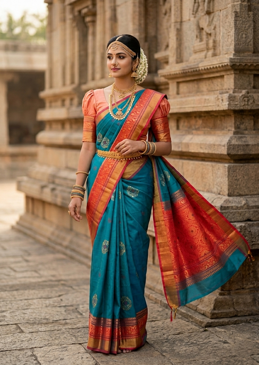 Southloom Pure Handloom Bridal Kanchipuram Silk Saree with Korvai Work in Peach And Blue