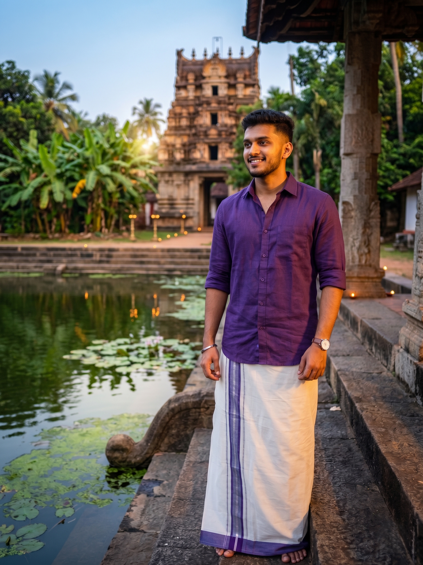 Southloom Kerala Pure Cotton Double Mundu with Silver Lines and Violet Border with (South Indian Dhoti)
