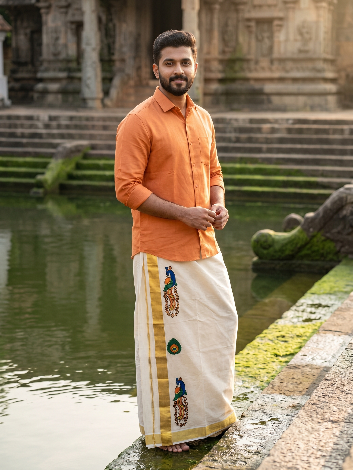 Southloom Kerala Tissue Double Mundu with Peacock Design and Gold Kasavu Border  (South Indian Dhoti) SL612