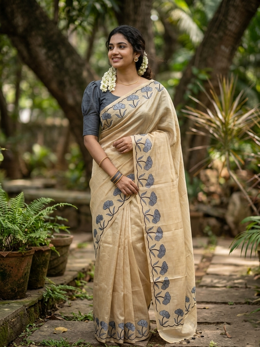 Southloom Cotton Kerala Saree with Grey Floral Embroidery Design on Border