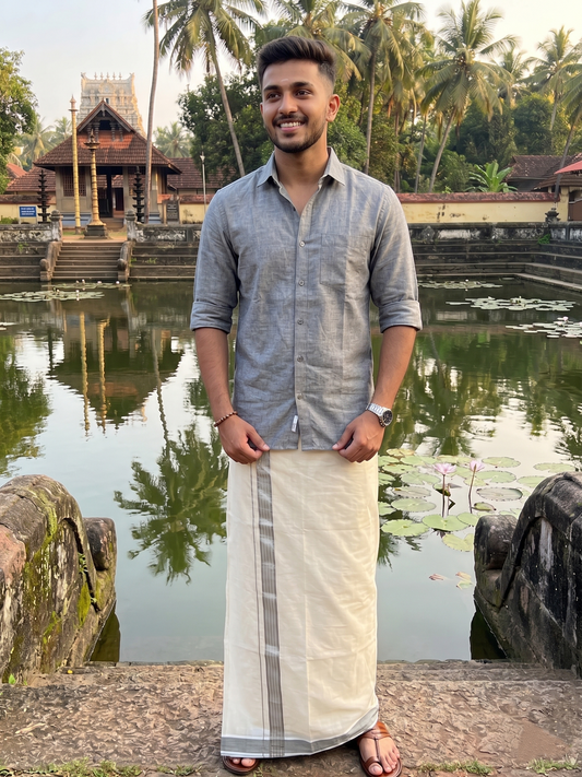 Southloom Kerala Pure Cotton Double Mundu with Silver Lines and Grey Border with (South Indian Dhoti)