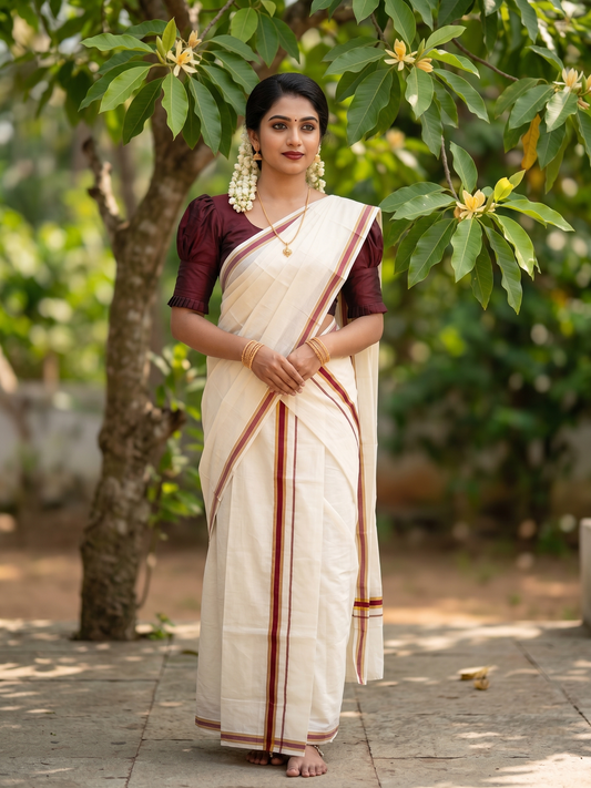 Southloom Pure Cotton Kerala Single Set Mundu (Mundum Neriyathum) with Maroon Kasavu Border in 2.80 Mtrs