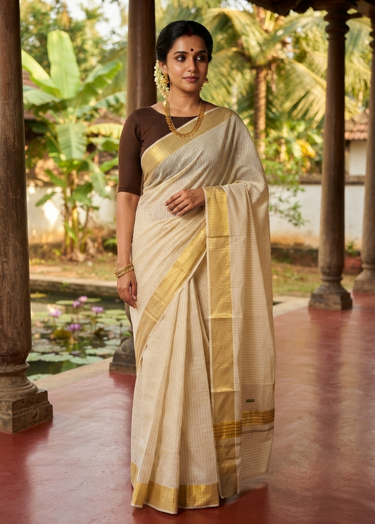 Southloom Kerala Cotton Kasavu Saree With Stripes On The Body(Brown) SL520
