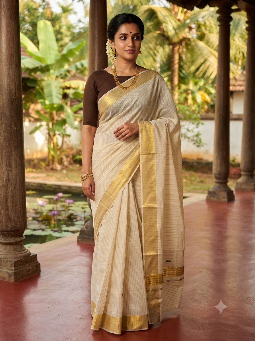 Southloom Kerala Cotton Kasavu Saree With Stripes On The Body(Brown) SL520