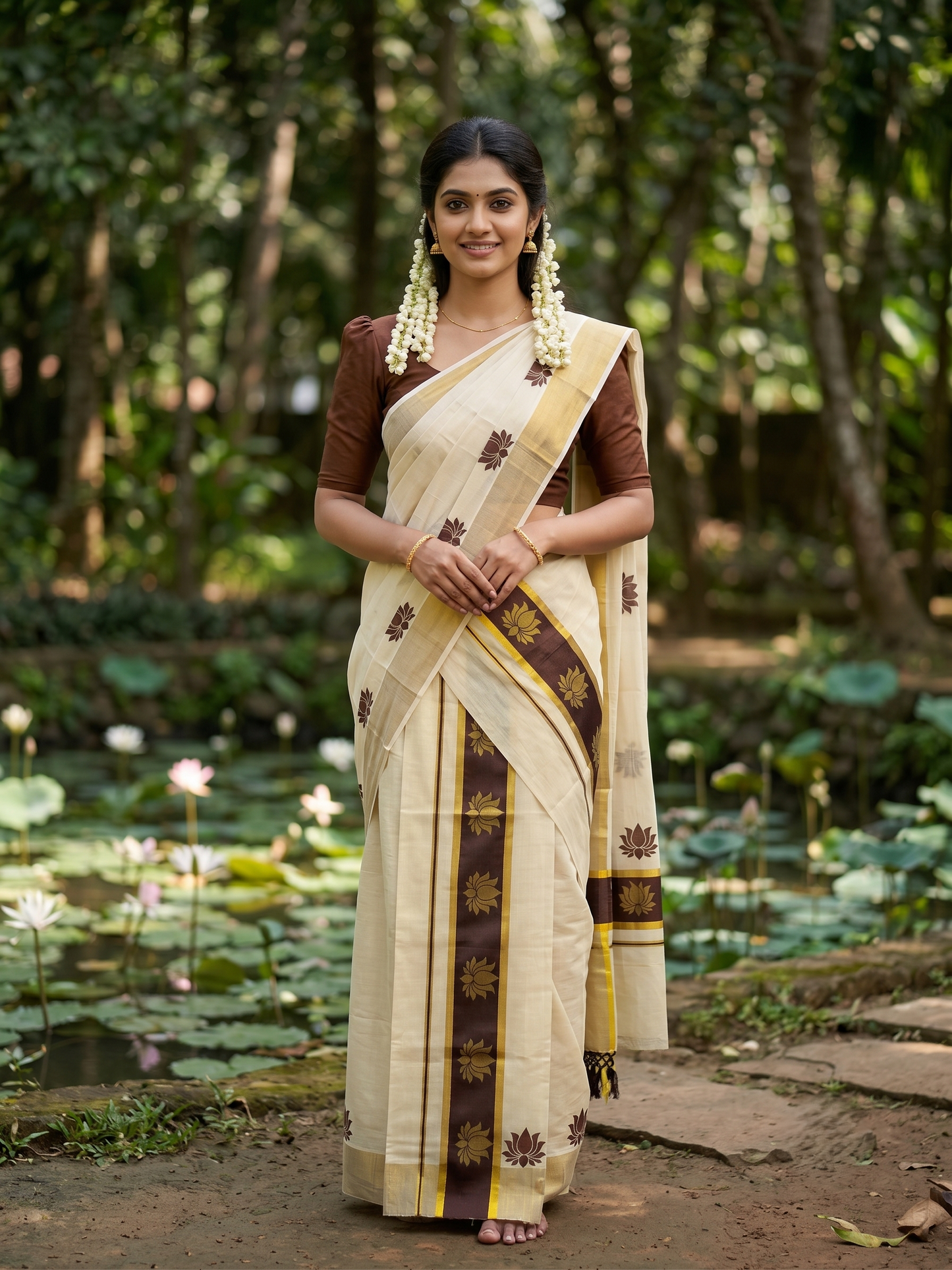 Southloom Kerala Cotton Kasavu Single Set Mundu (Mundum Neriyathum) with Lotus Design in Dark Purple SL546