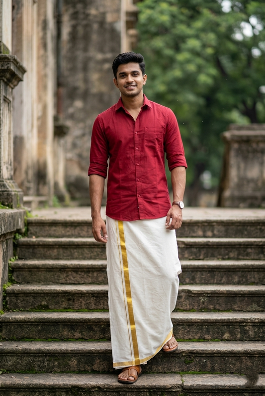Southloom Kerala Pure Cotton Double Mundu with Gold Kasavu and Border (South Indian Dhoti)