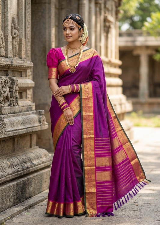 Southloom Pure Handloom Bridal Kanchipuram Silk Saree with Korvai Work (Magenta)