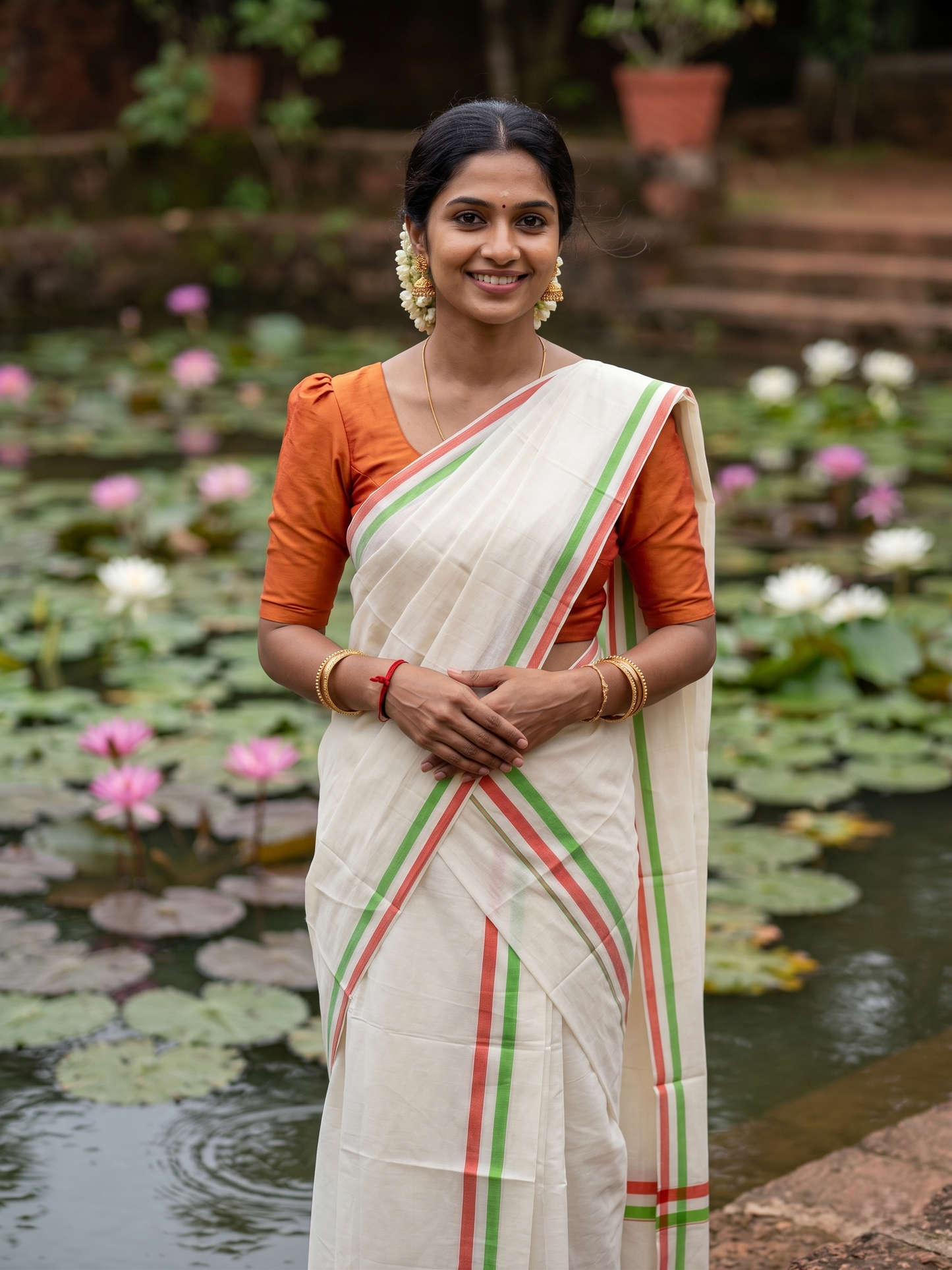 Southloom Kerala Mulloth Cotton Single Mundum Neriyathum with Orange and Green Border