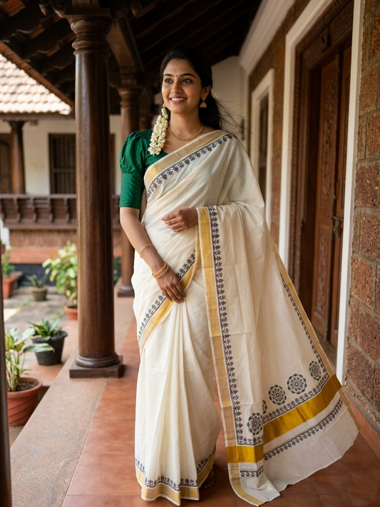 Southloom Cotton Kerala Kasavu Saree with Green and Brown Block Prints On Border