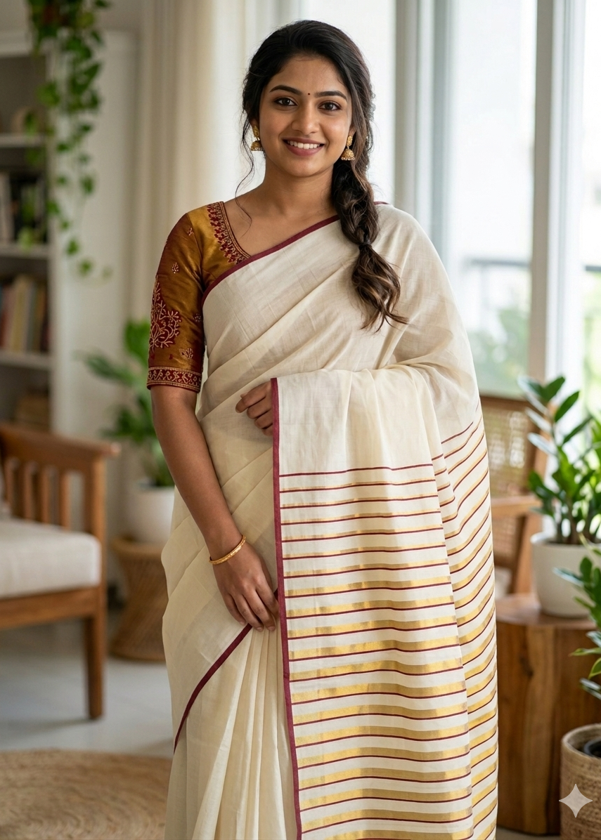 Kerala Cotton Maroon Puliyilakara Saree SL151