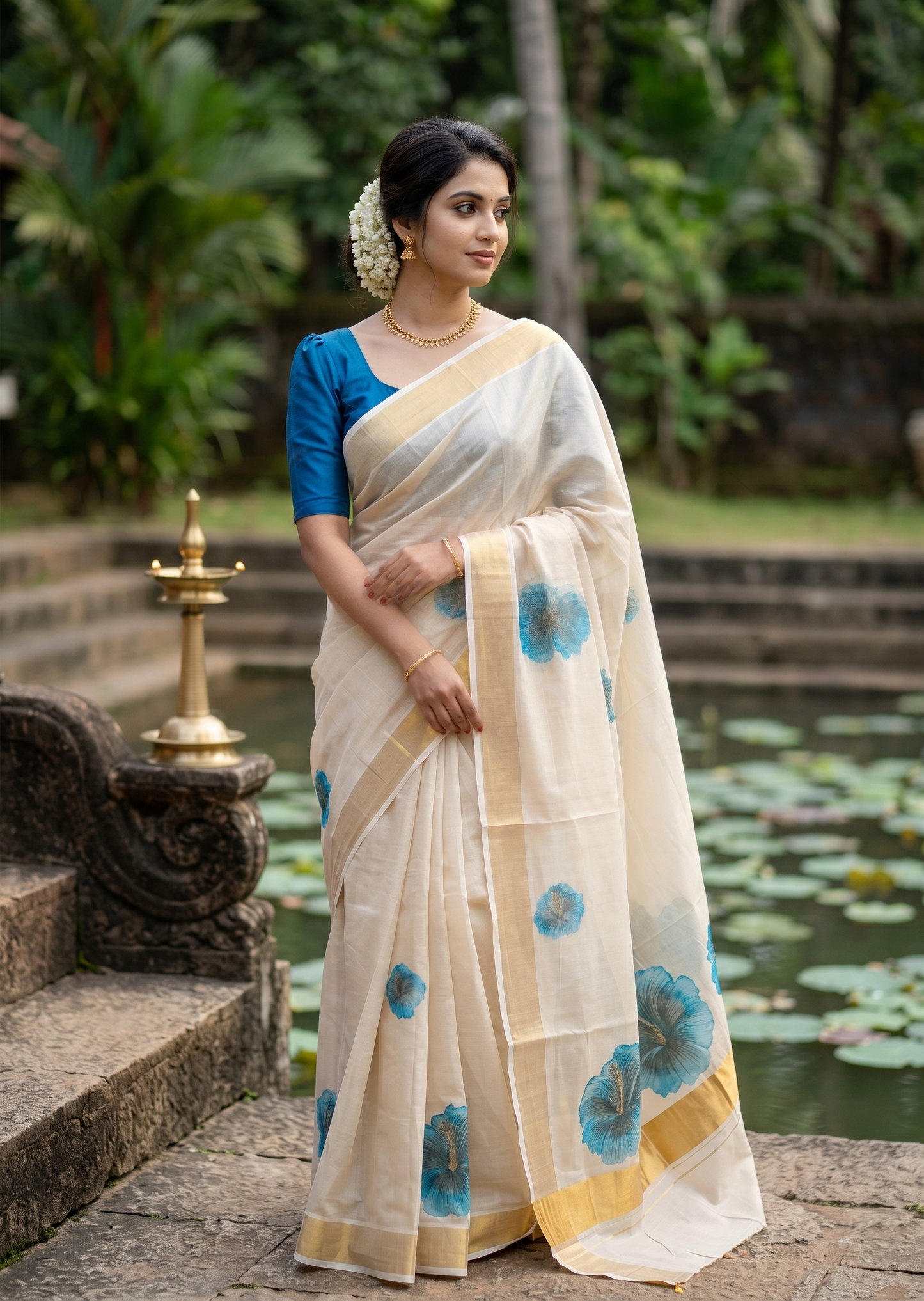 Southloom Kerala Tissue Kasavu Saree with Blue Floral Embroidery Design on Body SL434