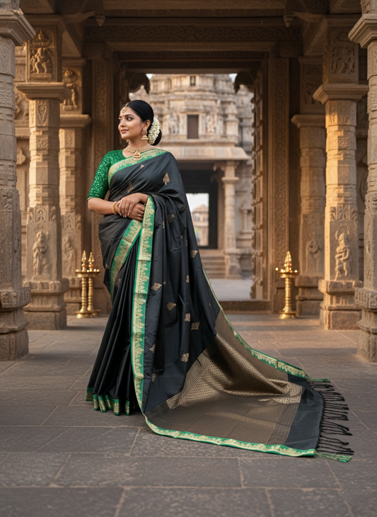Southloom Banarasi Semi Silk Saree with Woven Work on Body(Black & Green)