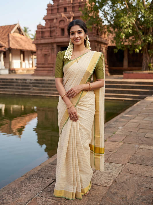 Southloom Kerala Tissue Kasavu Saree with Stripes on Body In Olive Green Border