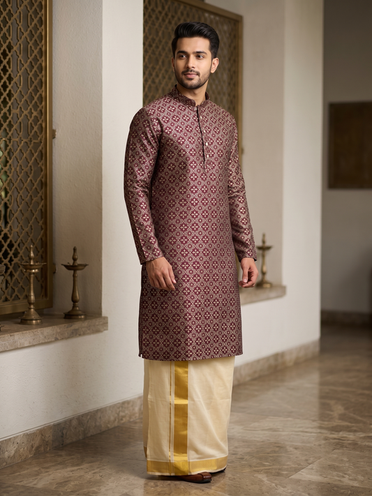 Southloom Maroon Woven Patterns Semi Silk Long Kurta for Men SL591