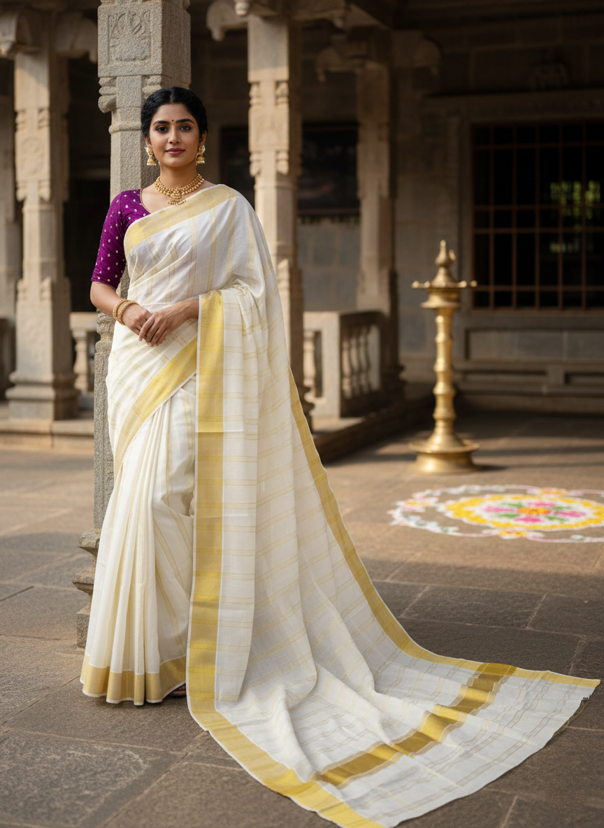 Southloom Kerala Pure Cotton Kasavu Saree with Stripes on Body