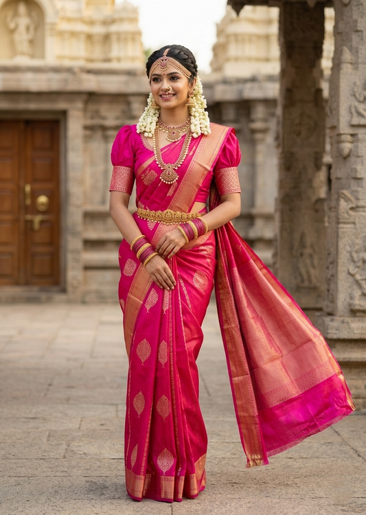 Southloom Pure Handloom Bridal Kanchipuram Silk Saree with Korvai Work (Magenta)