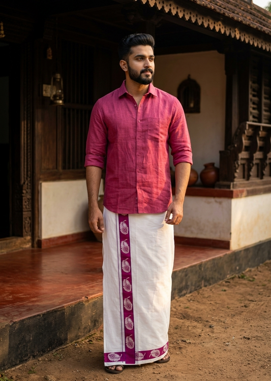 Southloom White Printed Single Mundu / Otta Mundu / Lungi (South Indian Kerala Dhoti)SL598