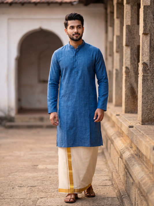 Southloom Blue woven Semi Silk Short Kurta for Men SL590