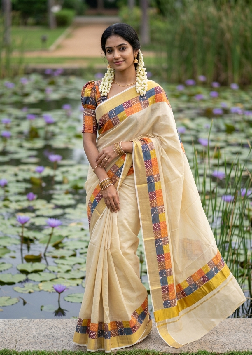 Southloom Kerala Tissue Kasavu Saree in Madras Check Design SL600