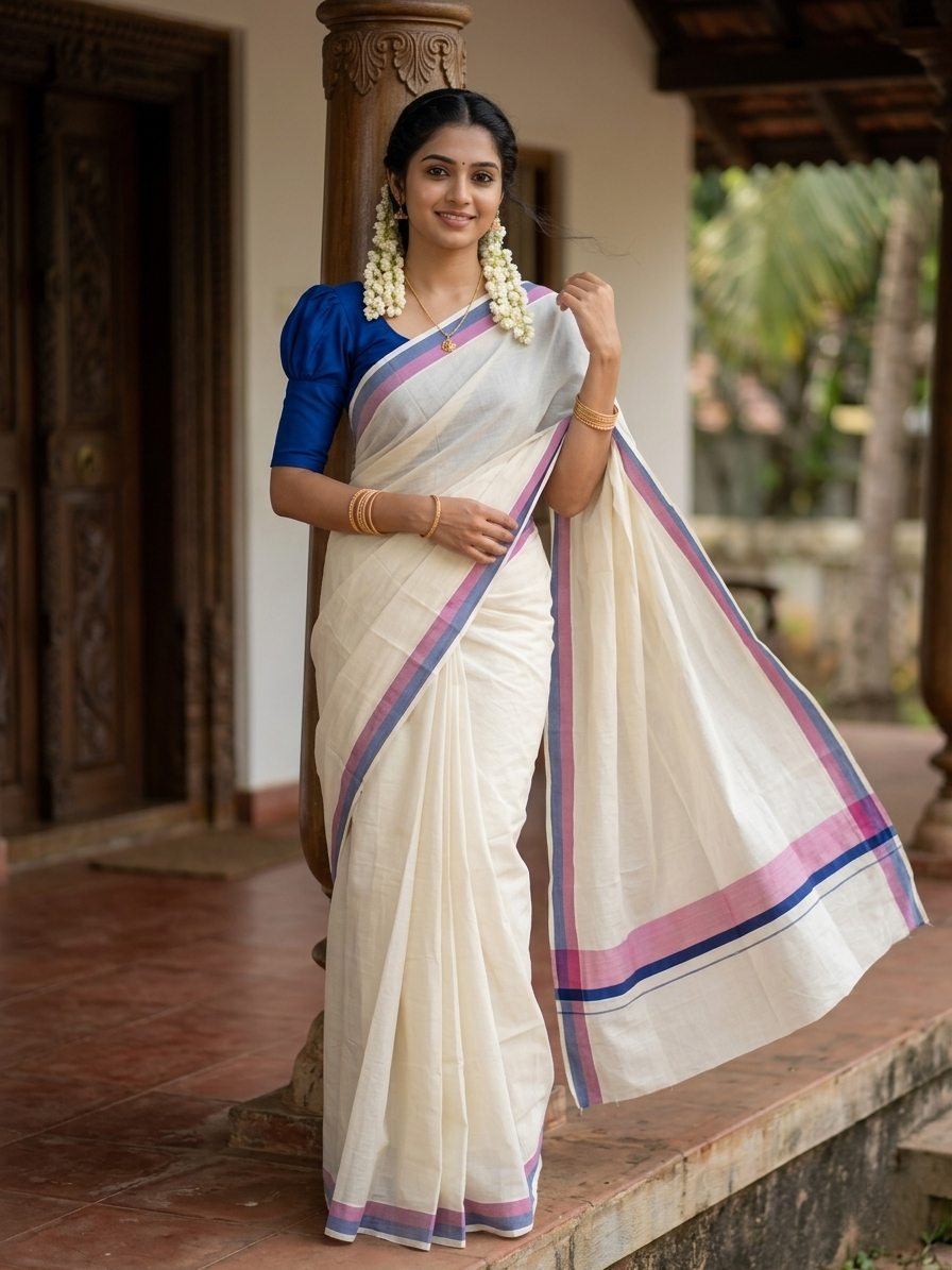 Pure Cotton Off White Kerala Saree with Dark Blue Pink Shaded Border