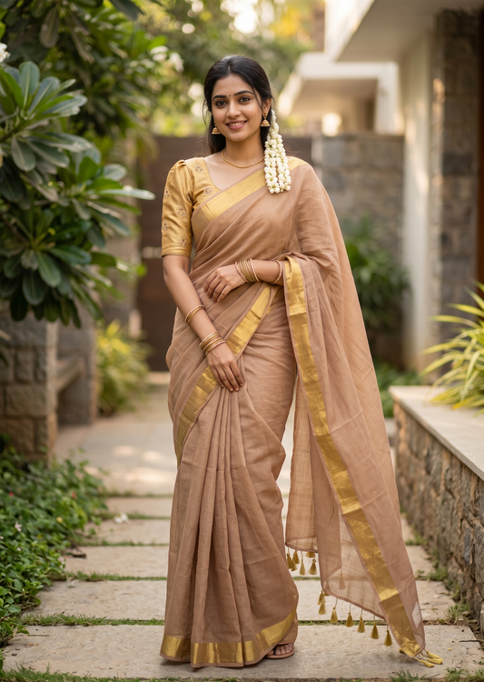 Southloom Mul Cotton 120 x 120 Soft Fabric Saree with Golden Border SL215