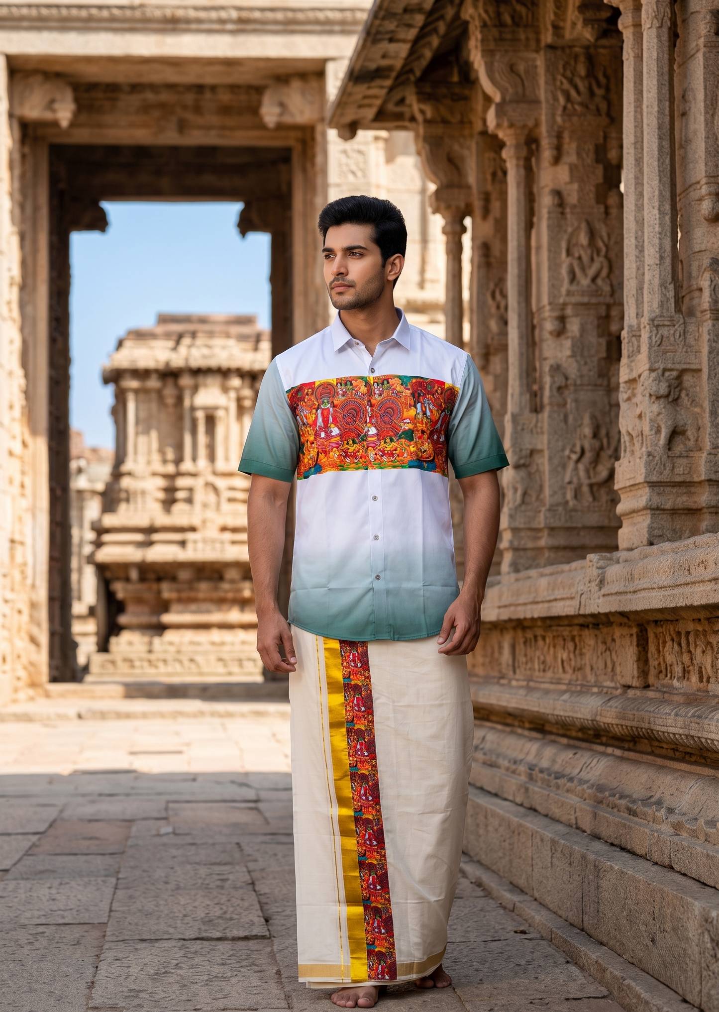 Southloom Cotton Theyyam & Kadhakali Mural Printed Men's Combo In Green (Shirt + Mundu) SLCOMBO