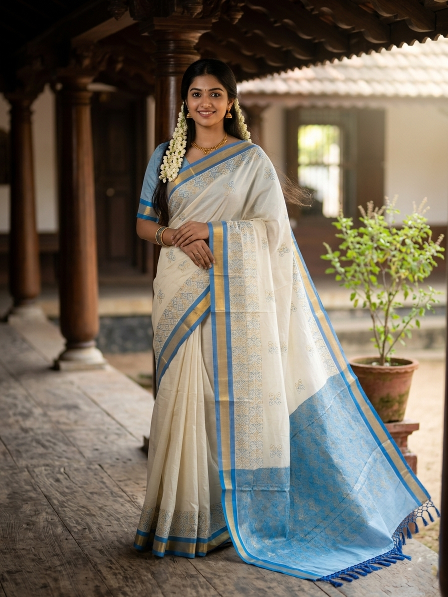 Southloom Kerala Cotton Saree with Blue and Golden Embroidery Works