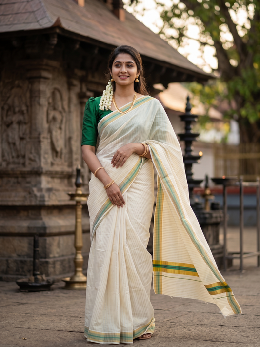 Southloom Pure Cotton Kerala Kasavu Lines Design Saree with Green Border