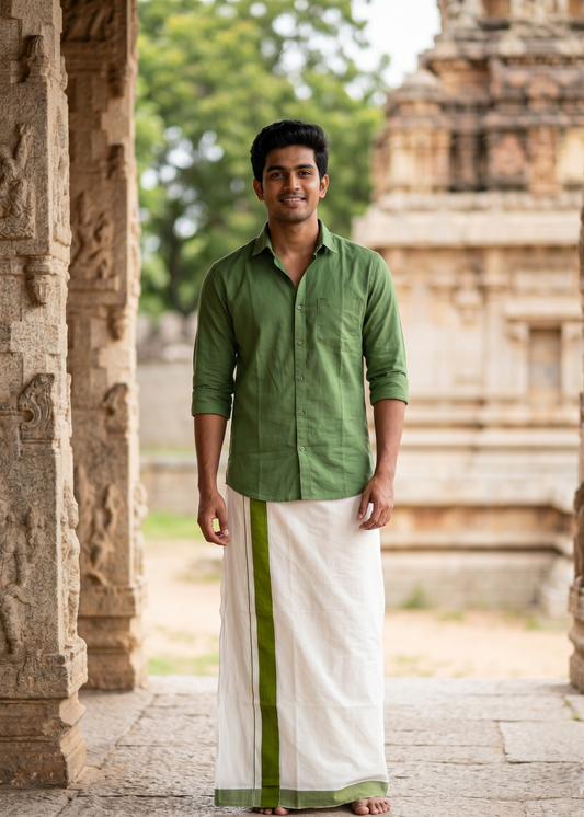 Southloom Kerala Pure Cotton Double Mundu with Green Border (South Indian Kerala Dhoti)
