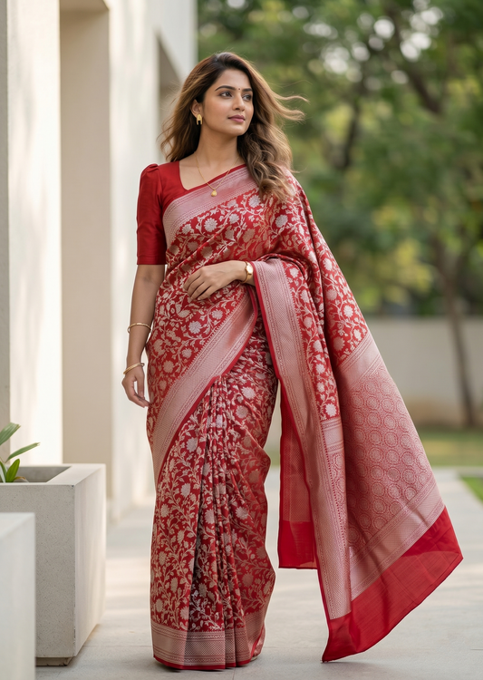 Southloom Pure Banarasi Silk Saree with Woven Work on Body and Borders (Pink And Red)