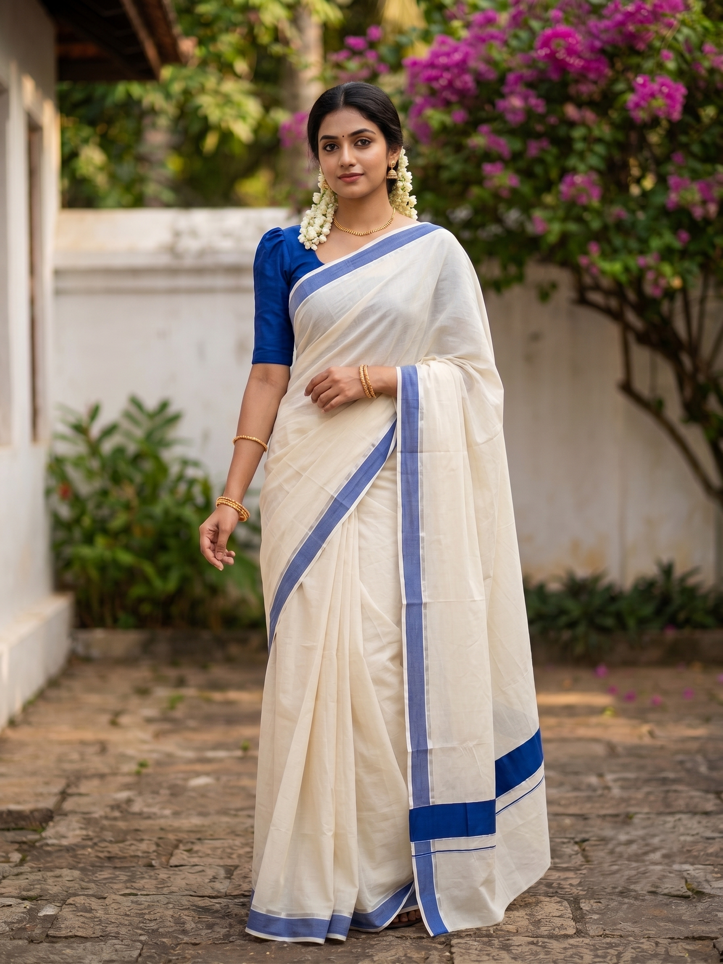 Southloom Kerala Pure Cotton Plain Kasavu Saree with Blue Border 3 inch
