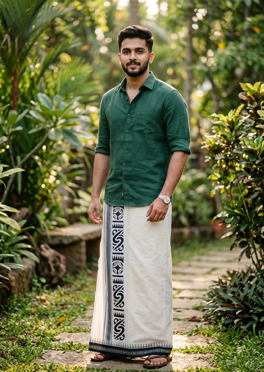 Southloom White Green Printed Single Mundu / Otta Mundu / Lungi (South Indian Kerala Dhoti) SL622