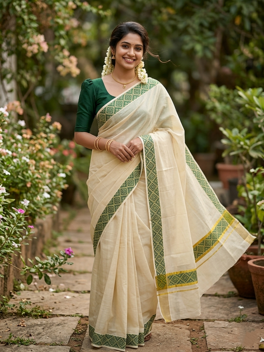 Southloom Kerala Tissue Kasavu Plain Saree Green Hand Printed SL350